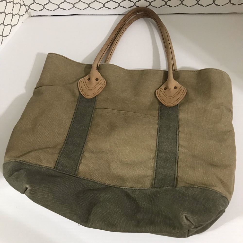 LL Bean Leather Handles Tote Bag Canvas Plaid Lined Brown Green Boat Vintage - Picture 2 of 13